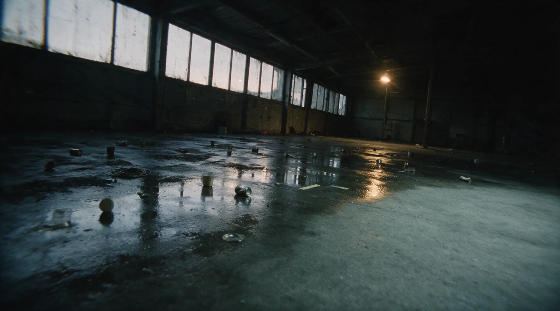 The same warehouse near dawn, empty of people, grey light through high windows, cups and cable on the wet floor.