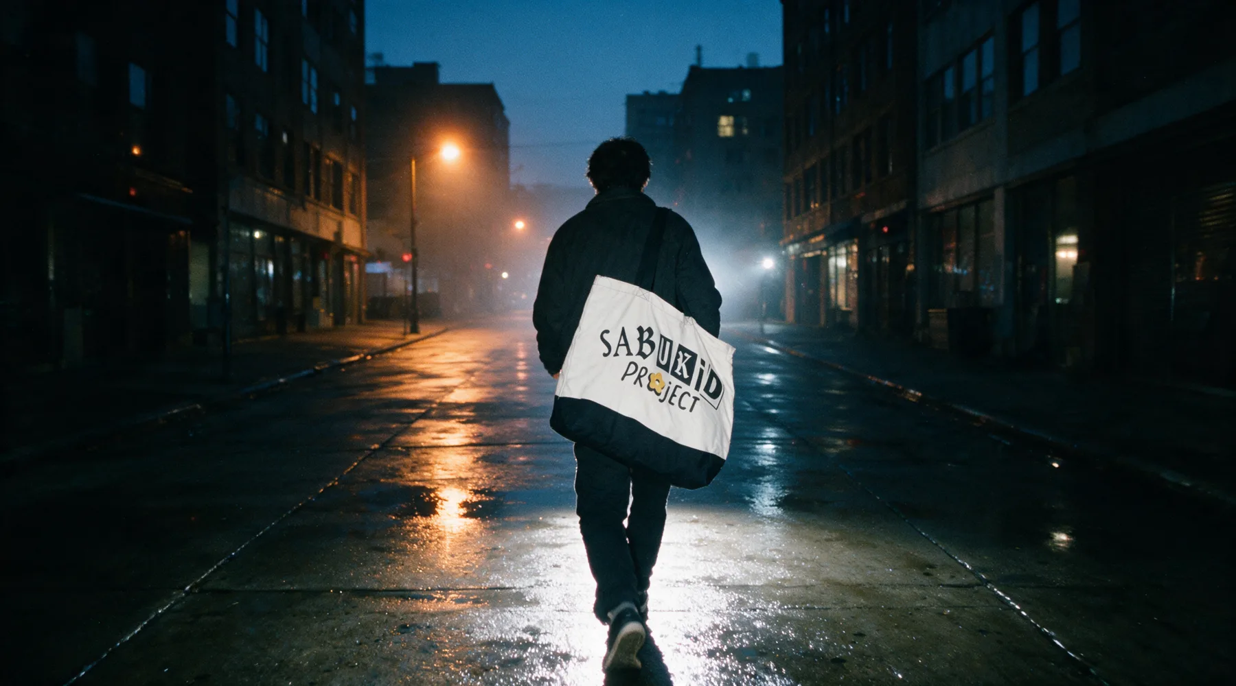 One person walking away down the middle of an empty wet street at first light, the bone tote over a shoulder.